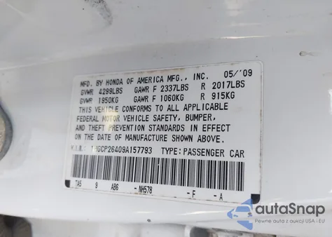 2009 Honda Accord 2.4 Lx-P from USA, damaged, VIN 1HGCP26409A157793